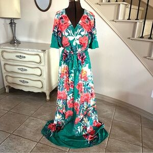 Lulus Women’s Size XL Still In Paradise Green Floral Maxi Dress Flutter Sleeve